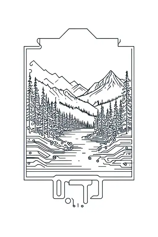 Microchip Circuit Infused With Forest With River Flowing And Mountain In Background