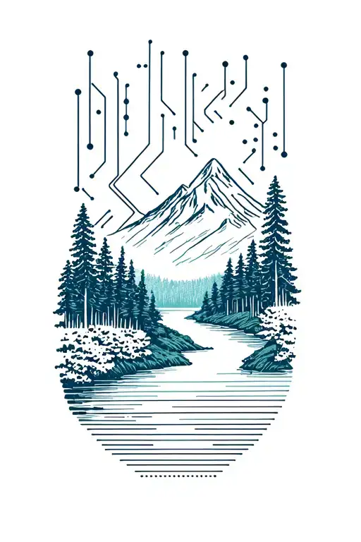 Microchip Circuit Infused With Forest With River Flowing And Mountain In Background