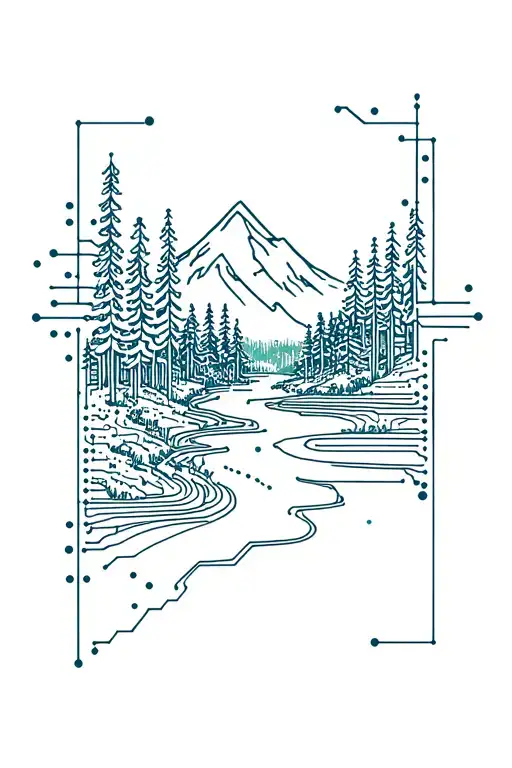 Microchip Circuit Infused With Forest With River Flowing And Mountain In Background