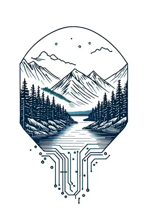 Microchip Circuit Infused With Forest With River Flowing And Mountain In Background