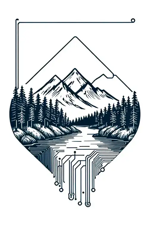 Microchip Circuit Infused With Forest With River Flowing And Mountain In Background