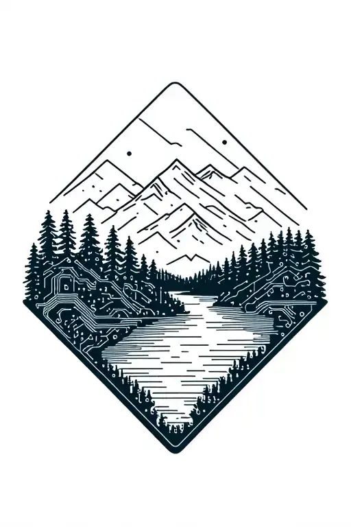 Microchip Circuit Infused With Forest With River Flowing And Mountain In Background