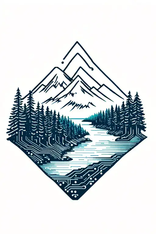 Microchip Circuit Infused With Forest With River Flowing And Mountain In Background