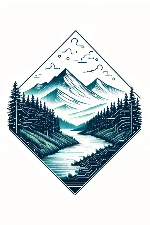 Microchip Circuit Infused With Forest With River Flowing And Mountain In Background