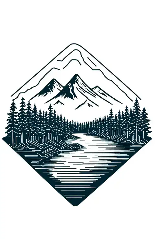 Microchip Circuit Infused With Forest With River Flowing And Mountain In Background