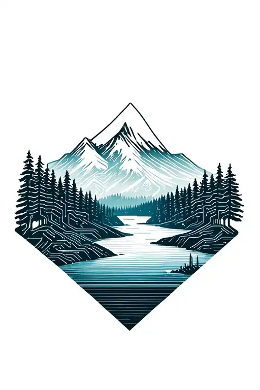 Microchip Circuit Infused With Forest With River Flowing And Mountain In Background