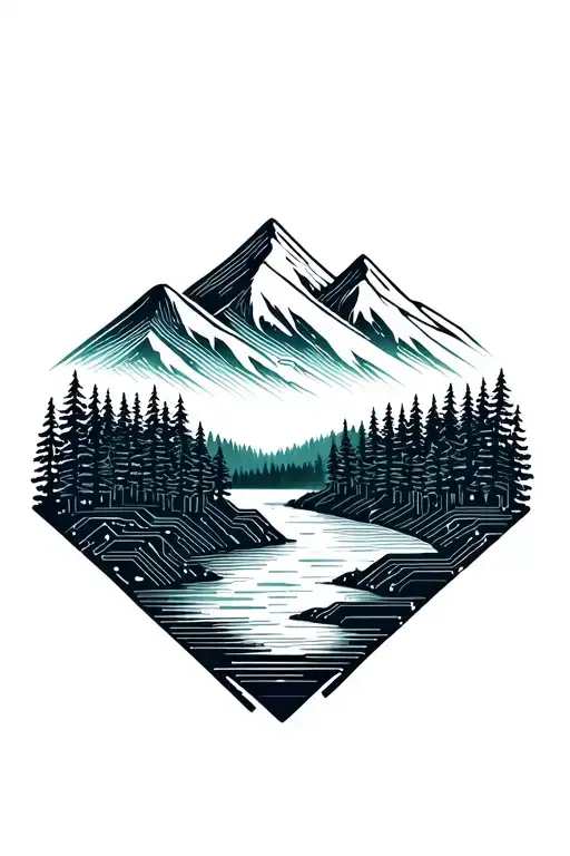 Microchip Circuit Infused With Forest With River Flowing And Mountain In Background