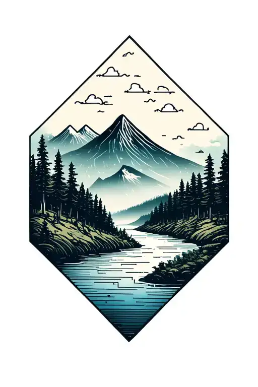 Microchip Circuit Infused With Forest With River Flowing And Mountain In Background