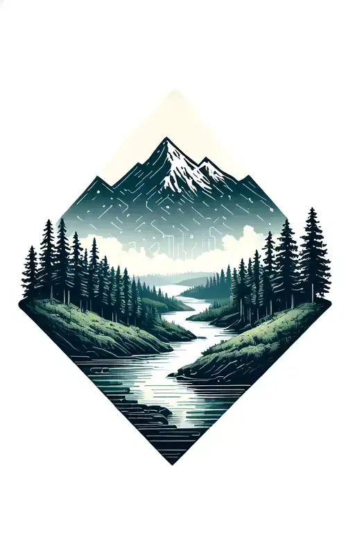 Microchip Circuit Infused With Forest With River Flowing And Mountain In Background