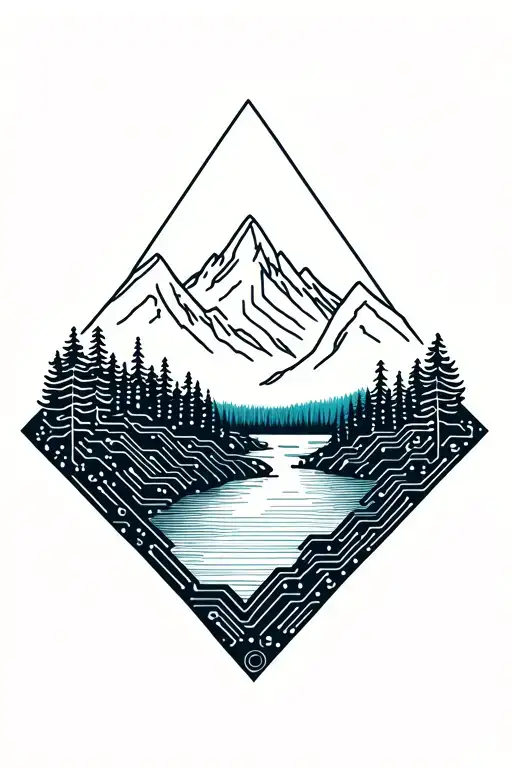 Microchip Circuit Infused With Forest With River Flowing And Mountain In Background
