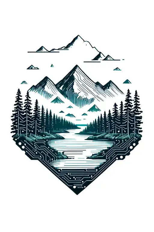 Microchip Circuit Infused With Forest With River Flowing And Mountain In Background