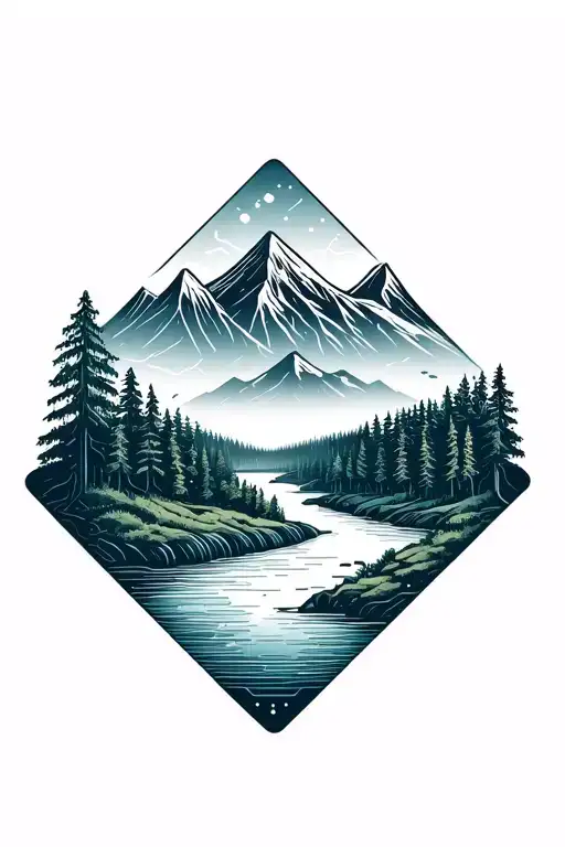 Microchip Circuit Infused With Forest With River Flowing And Mountain In Background