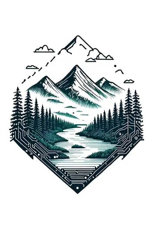 Microchip Circuit Infused With Forest With River Flowing And Mountain In Background