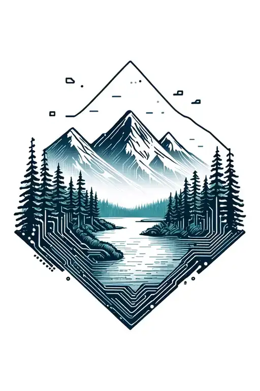 Microchip Circuit Infused With Forest With River Flowing And Mountain In Background
