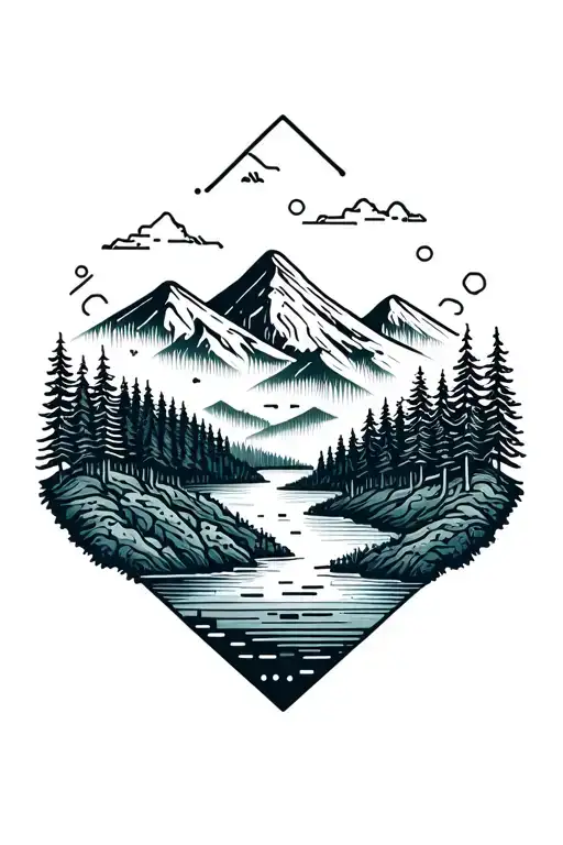 Microchip Circuit Infused With Forest With River Flowing And Mountain In Background