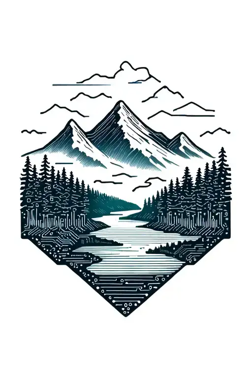 Microchip Circuit Infused With Forest With River Flowing And Mountain In Background