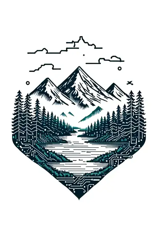 Microchip Circuit Infused With Forest With River Flowing And Mountain In Background