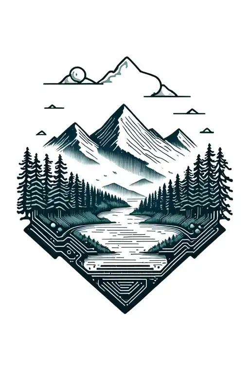 Microchip Circuit Infused With Forest With River Flowing And Mountain In Background