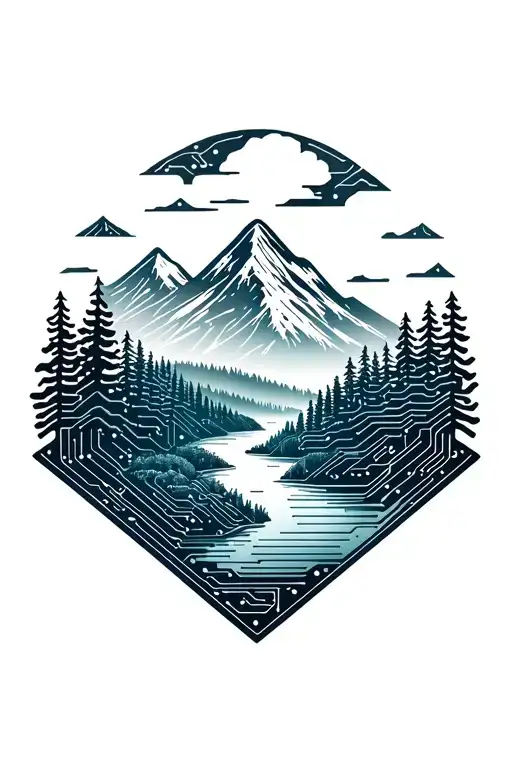 Microchip Circuit Infused With Forest With River Flowing And Mountain In Background