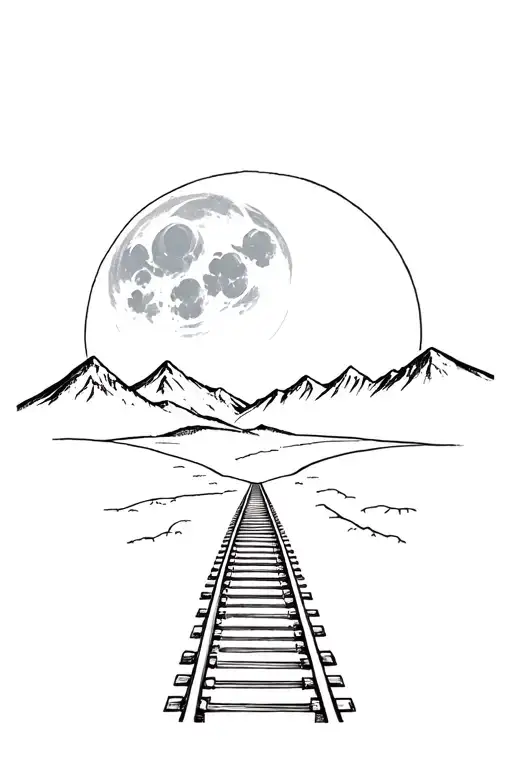 Train Track Leading To Mountian Range Under Full Moon