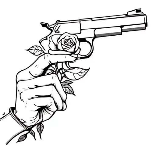 Hand Making Gun Shape Gesture With A Singular Rose Coming Out Of The Fingers Pointed Out Straight