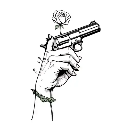 Hand Making Gun Shape Gesture With A Singular Rose Coming Out Of The Fingers Pointed Out Straight