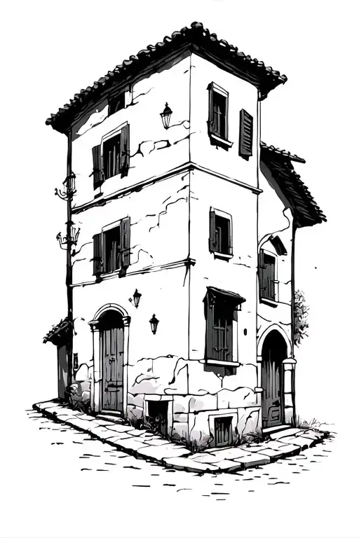 Chaotic Abstract Drawing Tuscan House Traditional Italian Village House Shutter Windows