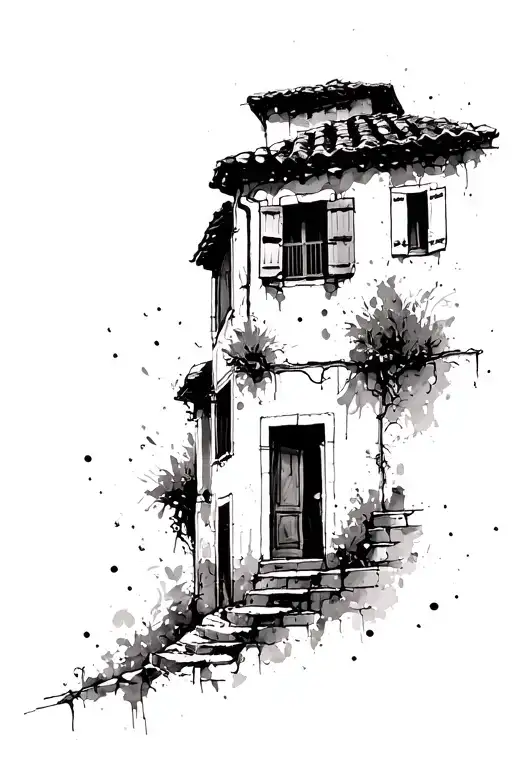 Chaotic Abstract Drawing Tuscan House Traditional Italian Village House Shutter Windows
