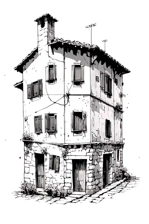 Chaotic Abstract Drawing Tuscan House Traditional Italian Village House Shutter Windows