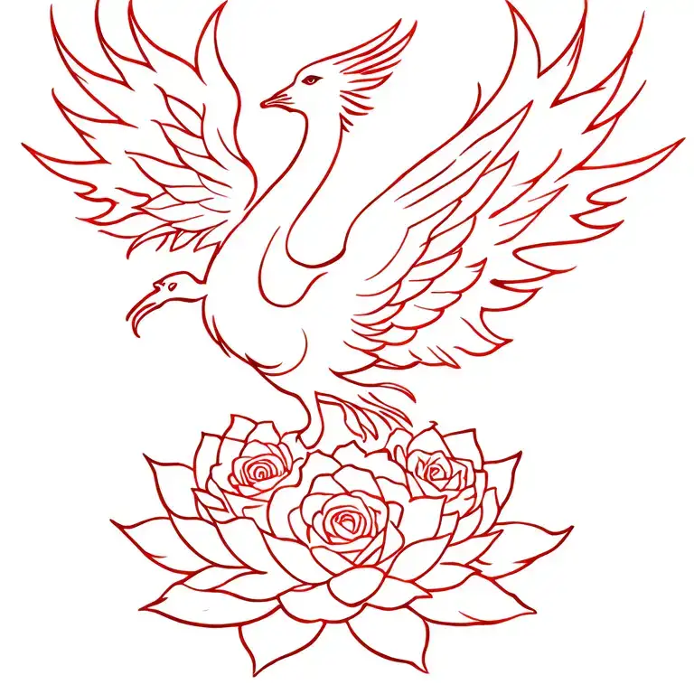 Phoenix Rising From A Lotus With Flames Behind It And Roses All Around
