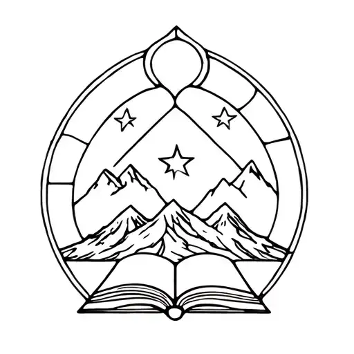Stained Glass Window With Open Book On The Bottom And A Mountain With Three Stars Above It