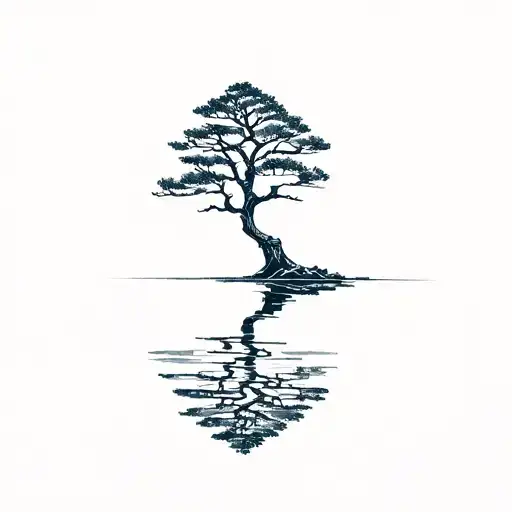 Cyprus Tree With Reflection Of Itself