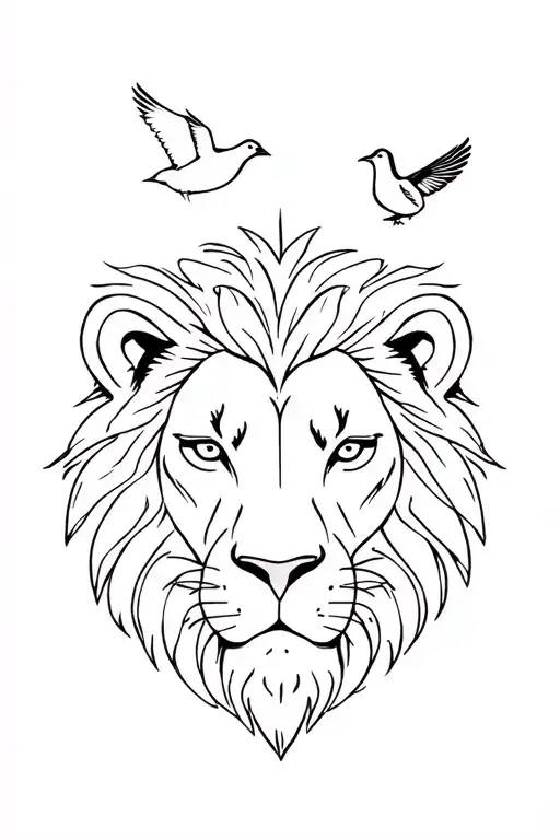 Lion Head And Small Flying Pigeon Over The Lion