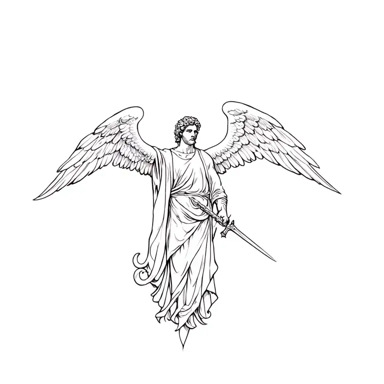 Saint Micheal With His Wings Keeping His Head And His Sword Down