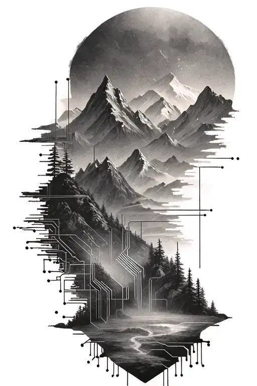 Microchip Circuit Infused In Mountains
