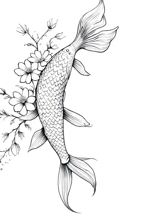 Delicate Koi Fish Intertwined With Flowers Growing