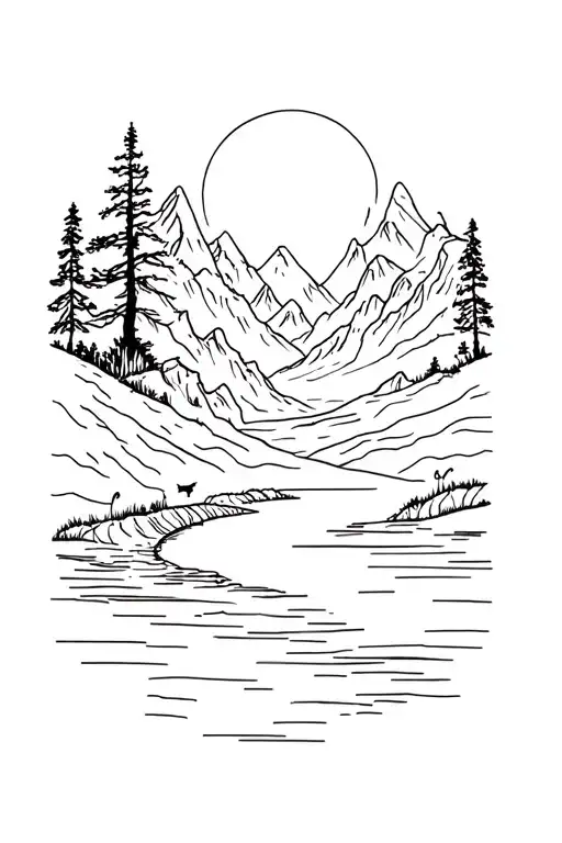 Nature Tattoo With Mountains A River And Wildlife And Something Christian Featured In It