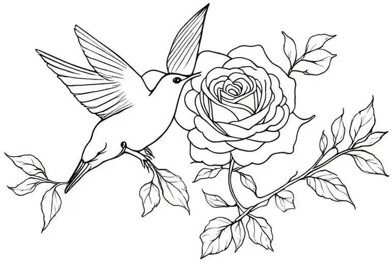 Contunuous Fine Line Humming Bird And Rose