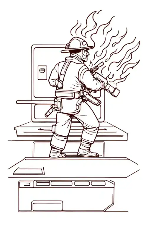 A Minimalist Tattoo Of A Firefighter Battling Flames In A Video Game Arcade Setting Tattoo idea