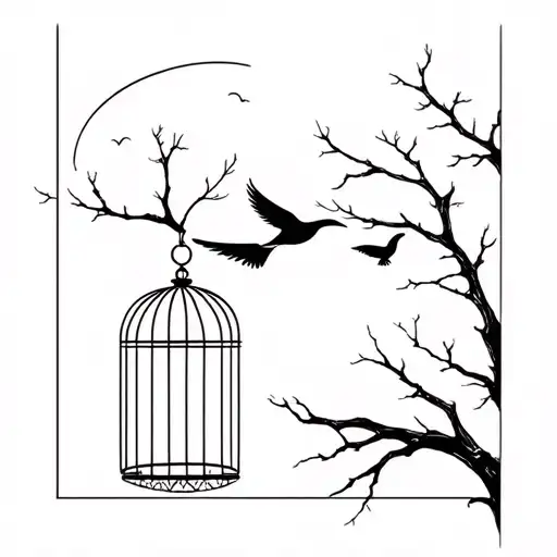 Bird Flying In The Middle Of The Night And A Moon And A Cage Hanging From A Tree
