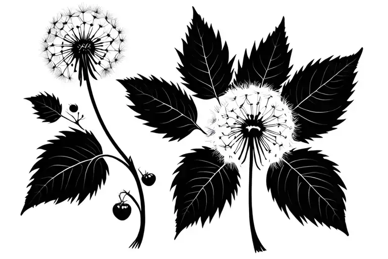 Wild Raspberry Plant And Dandelion On Rounded Vine