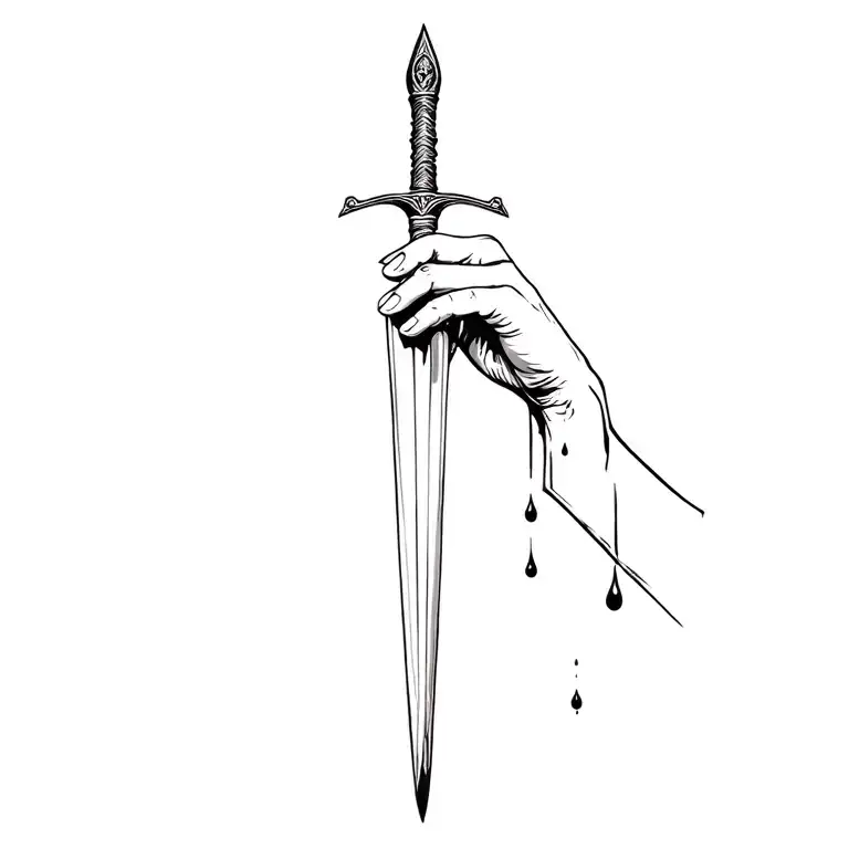 An Upward Pointing Dagger Held In A Hand With Four Drops Of Blood On The Tip