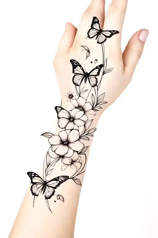Flowers And Butterflies On Wrist That Curves Around Arm