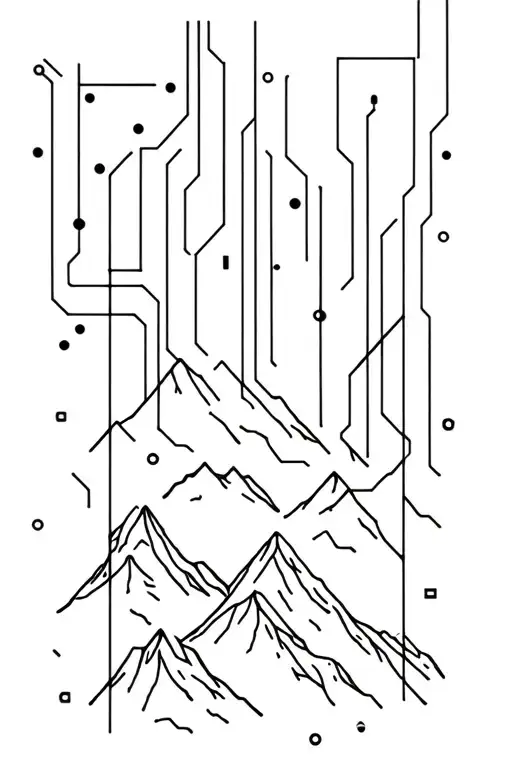 Circuit Board Patterns Intertwined In Mountain Landscape