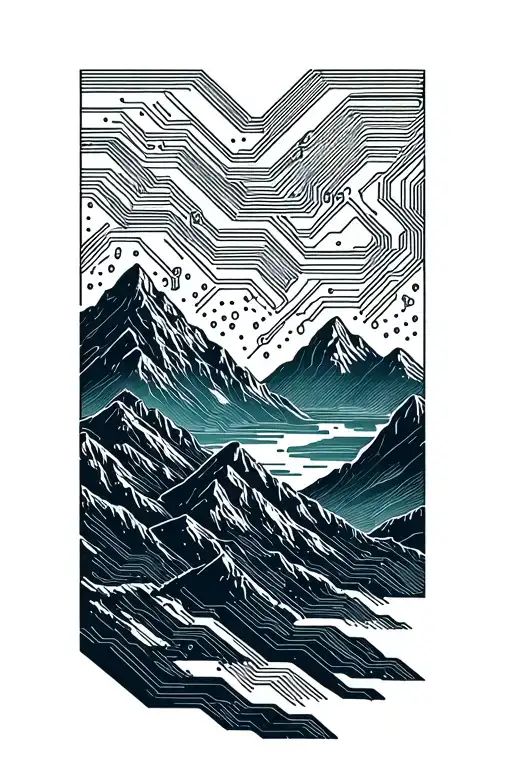 Circuit Board Patterns Intertwined In Mountain Landscape
