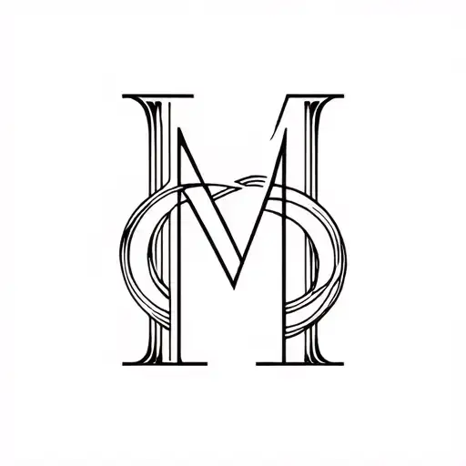 A Tattoo Design Of A Large Letter M Intertwined With Two Rings