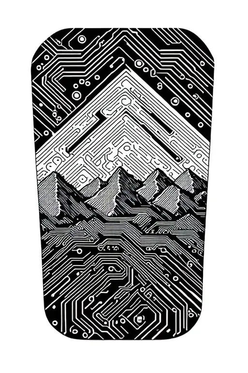 Circuit Board Patterns Intertwined In Mountain Landscape
