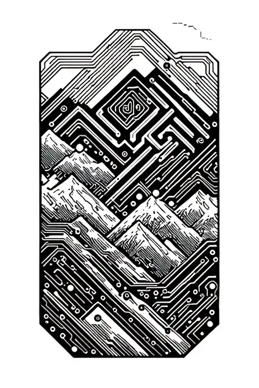 Circuit Board Patterns Intertwined In Mountain Landscape