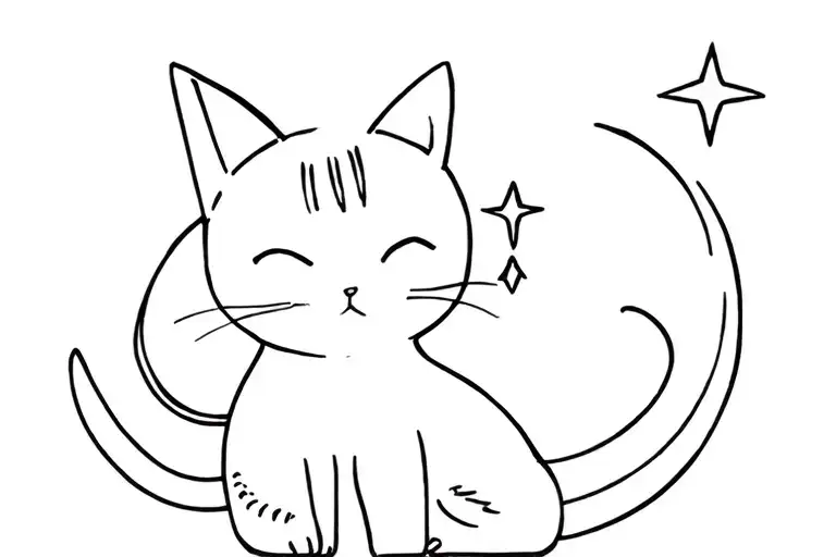Line Art Cat Where Tail Turns Into Crescent Moon And There's A Star