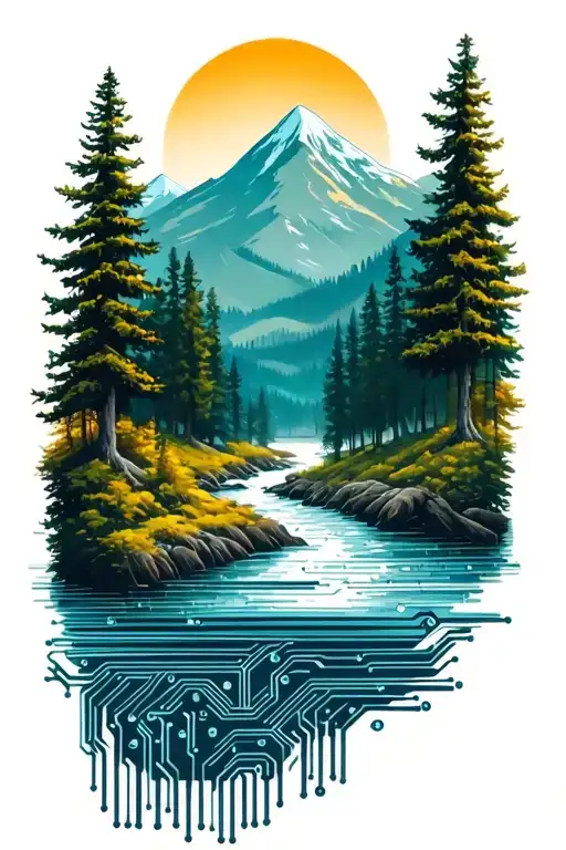 Microchip Circuit Infused With Forest With River Flowing And Mountain In Background